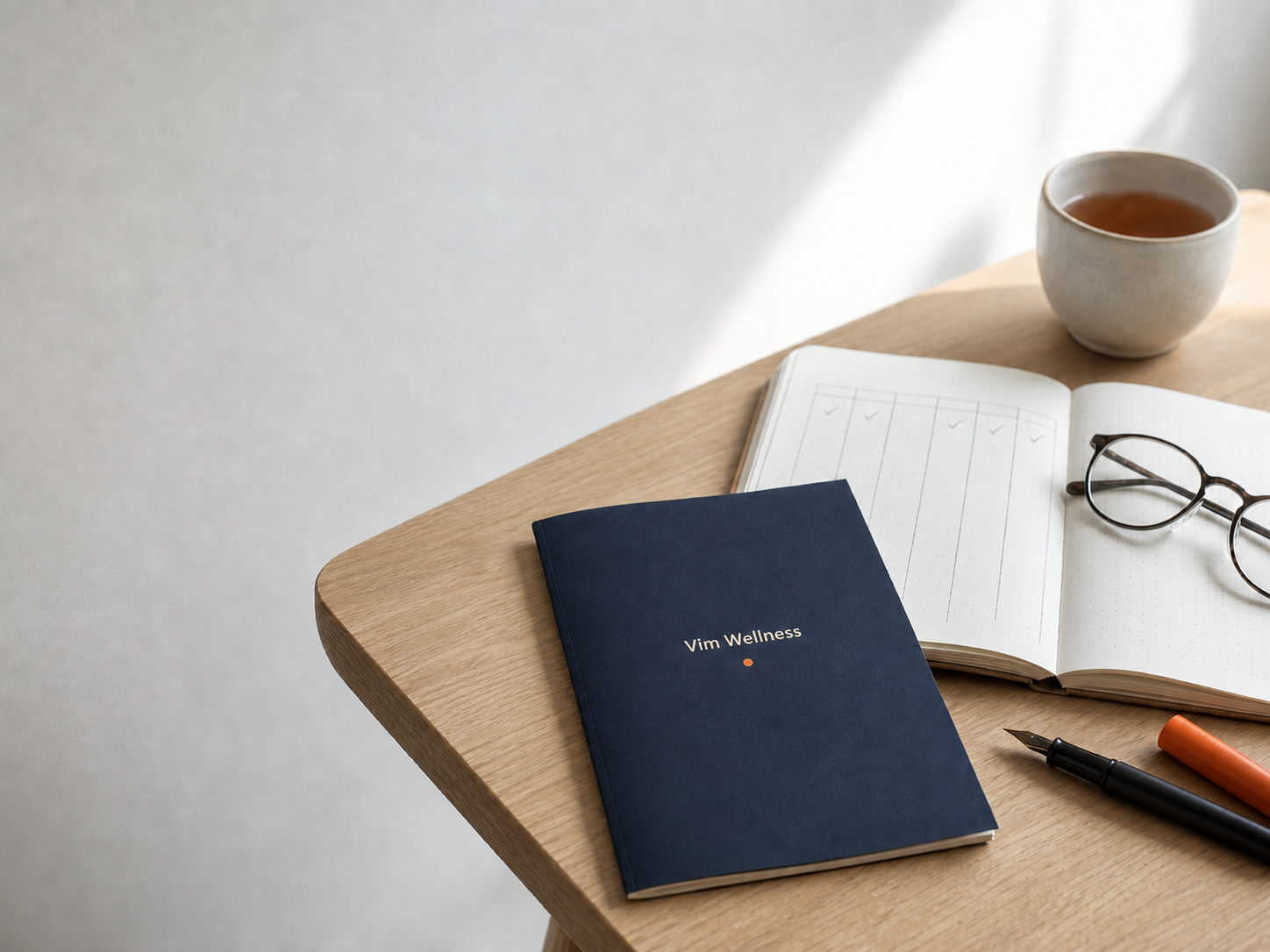 Das navyblaue A5-Booklet „Vim Wellness“ mit orangefarbenem Punkt liegt auf einem Eichenschreibtisch neben einem aufgeschlagenen Notizbuch mit handgezeichnetem Wochenraster, einer Lesebrille und einer Tasse Tee.